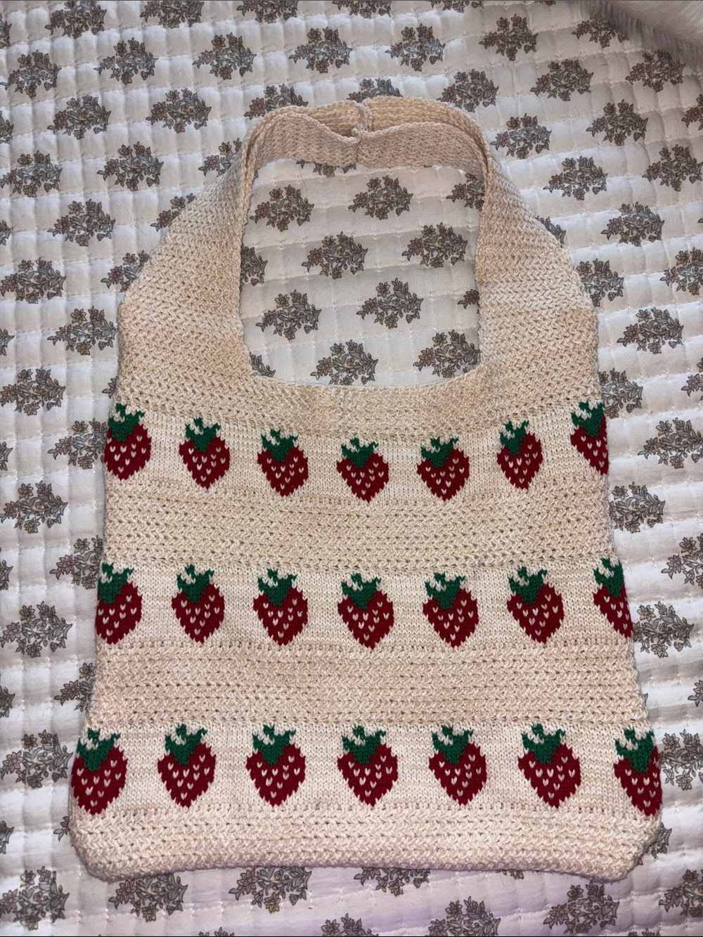 Handmade Cream Strawberry Crochet Tote Bag